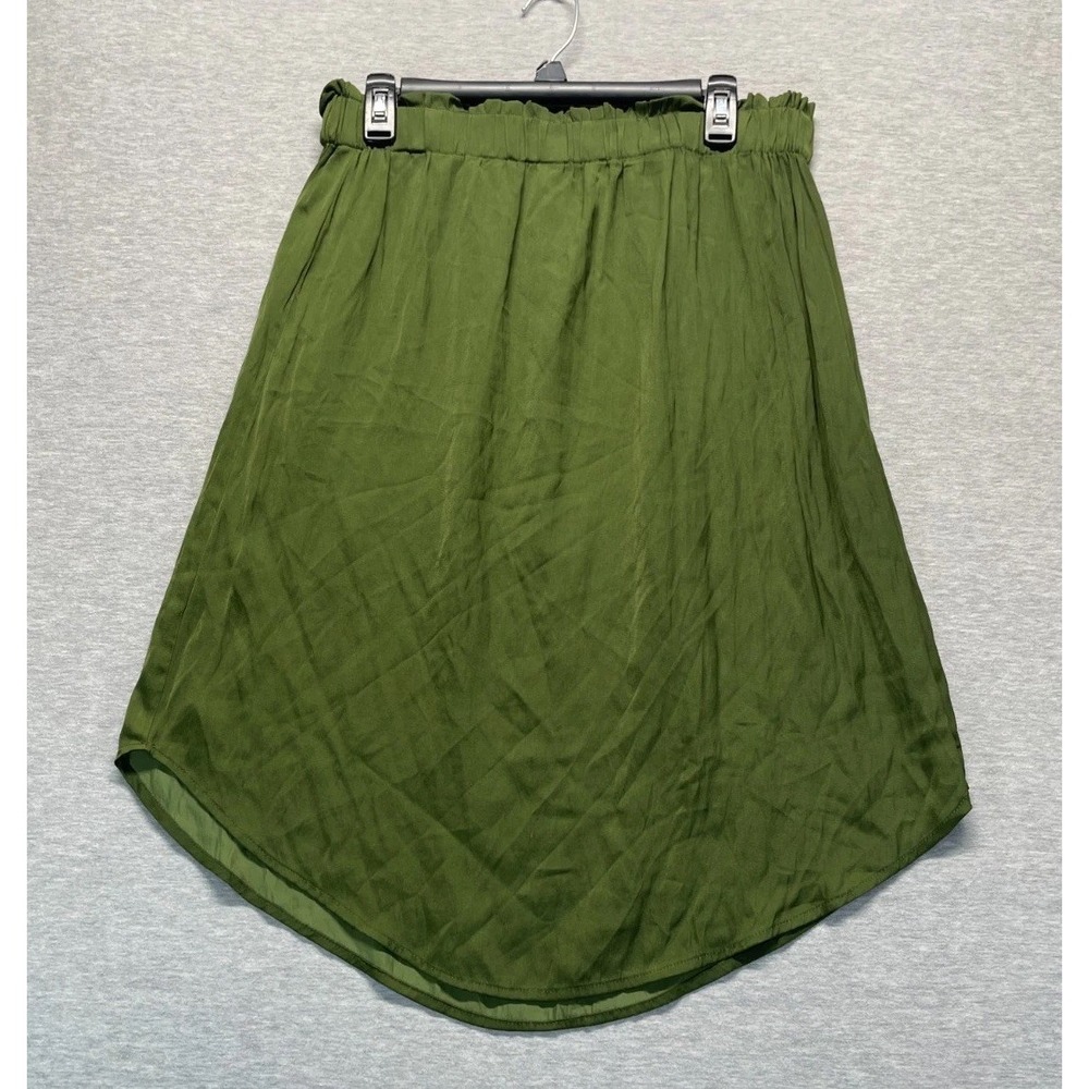 LOFT Midi Skirt Women's Medium Green Curved Hem Pleated Elastic-Waist Pull On